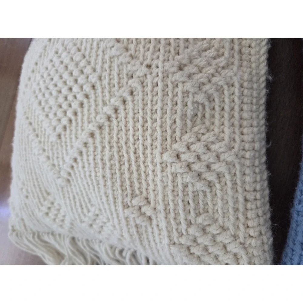 Pair Of Crochet Throw Pillows Blue And Off White Cream Diamond Afghan‎ Style